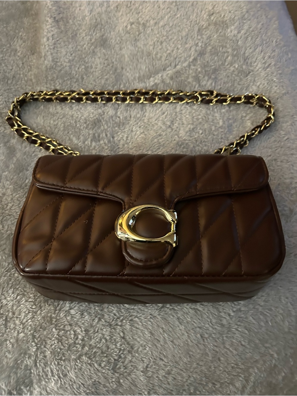 Quilted Brown Shoulder Bag with Gold Chain and Buckle Accent